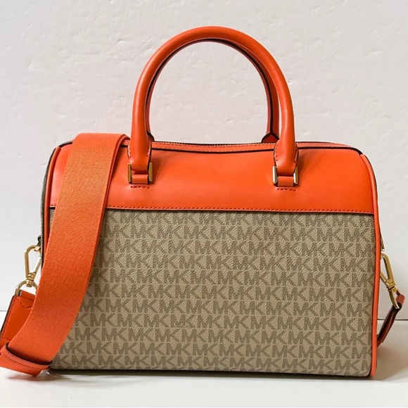 Michael Kors MK Jet Set Travel Medium Duffle Bag Satchel Poppy Orange Sand MK - Picture 6 of 14